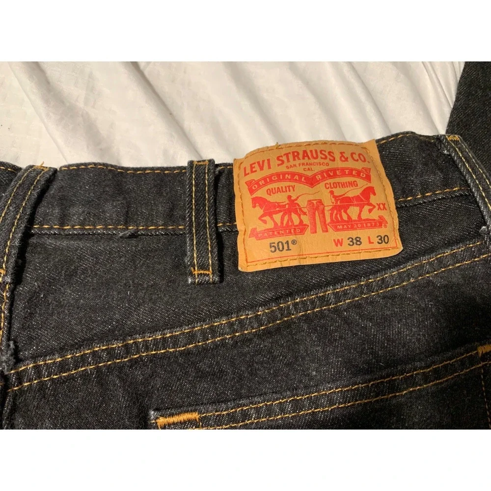 Levis 501‎ Mens Original Fit Black Jeans Raw Hem Straight Leg W38 L30 (27.5)
